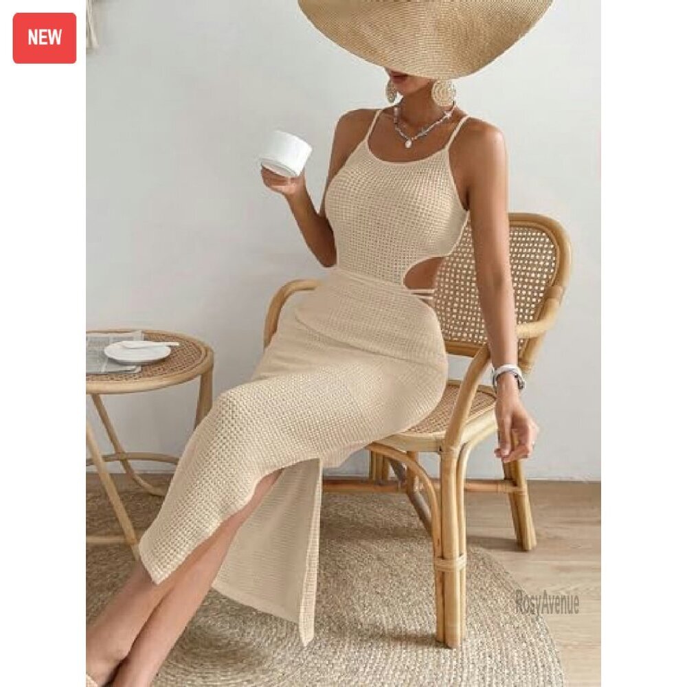 Cut Out Criss Cross Tie Back Midi Bodycon Dress Soft Stretch Fabric - Picture 6 of 6